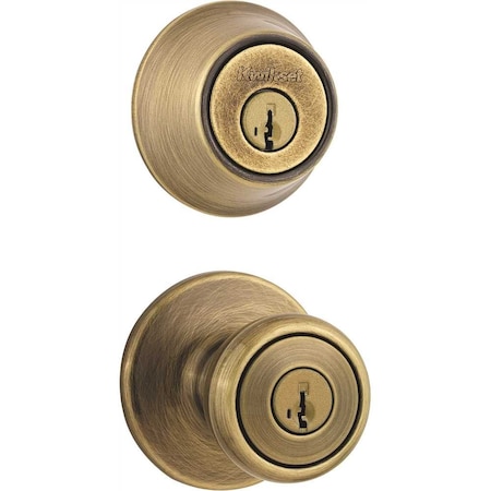 Kwikset Tylo Antique Brass Entry Door Knob and Single Cylinder Deadbolt Combo Pack Featuring SmartKey Securi 690T 5 SMT 6AL RCS